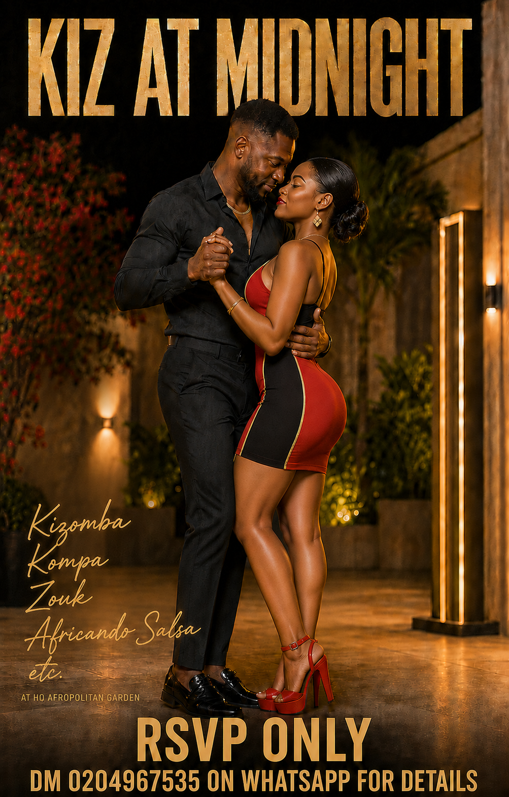 KIZALSA AT MIDNIGHT poster showing a couple dancing in a warm night setting