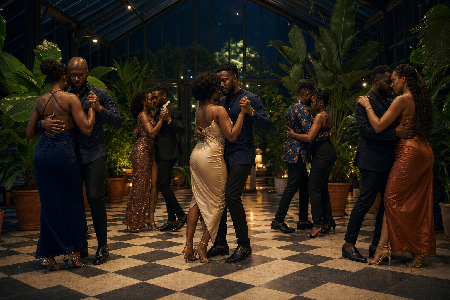 A couple sharing a close social dance