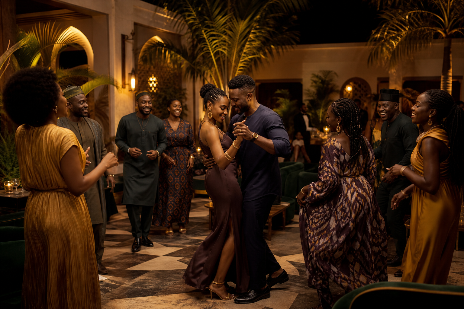A welcoming social-dance gathering at night