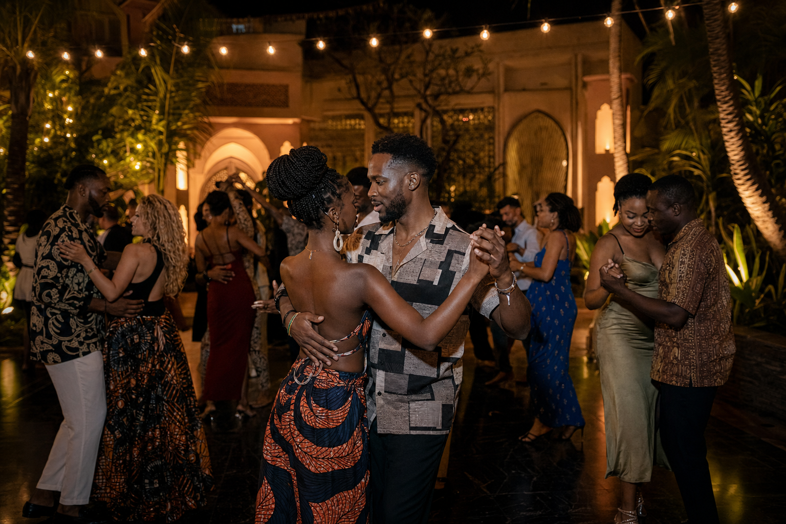 Dancers connecting and rotating partners at a KIZALSA social